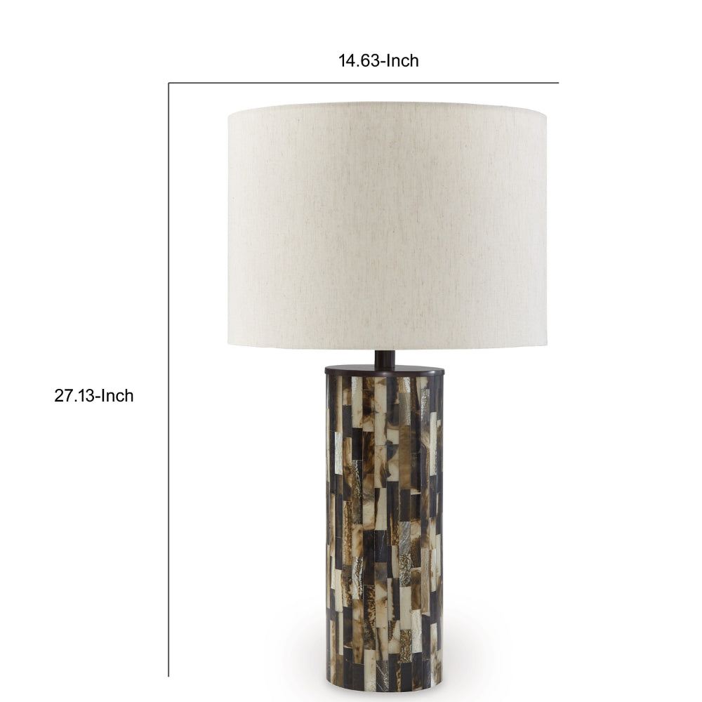 Benjara Foer 27 Inch Table Lamp, Cream Drum Fabric Shade, Black Brown Resin Base