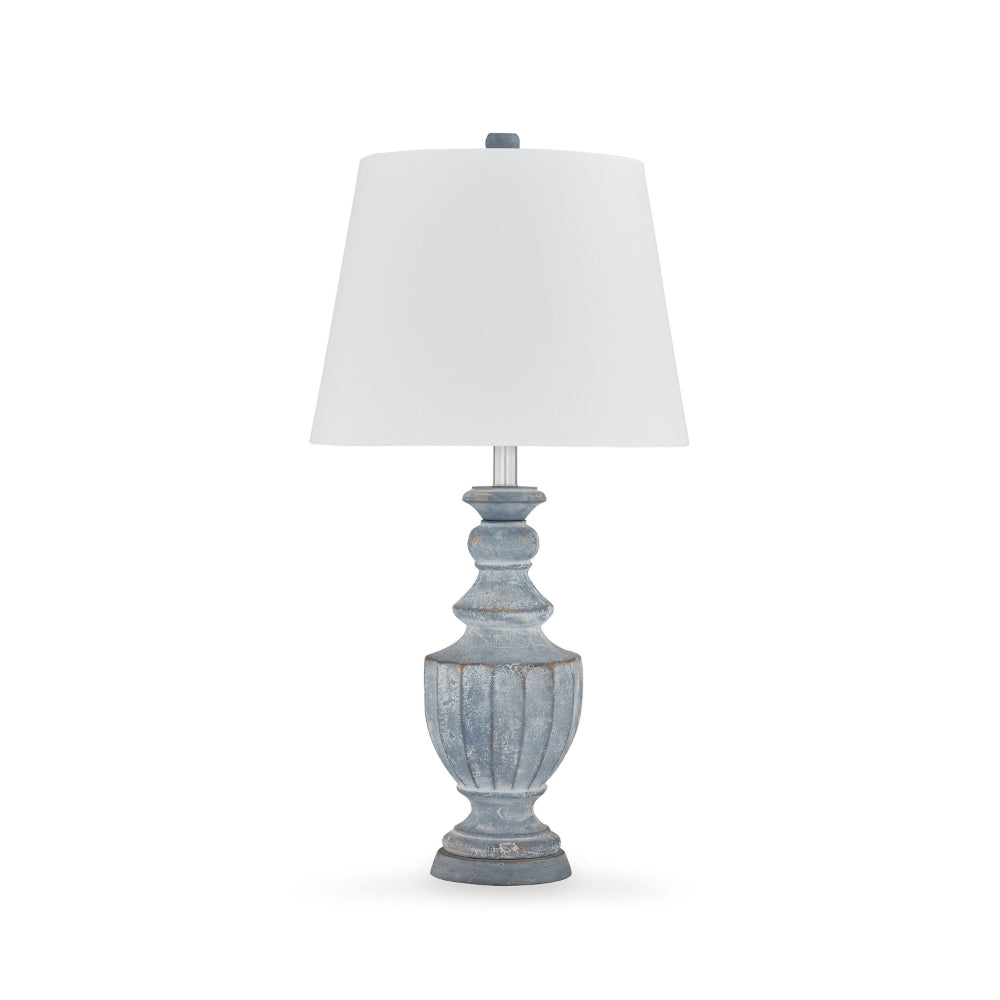 Benjara Rick 32 Inch Table Lamp, White Empire Fabric Shade, Turned Blue Terracotta