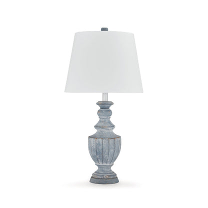 Benjara Rick 32 Inch Table Lamp, White Empire Fabric Shade, Turned Blue Terracotta