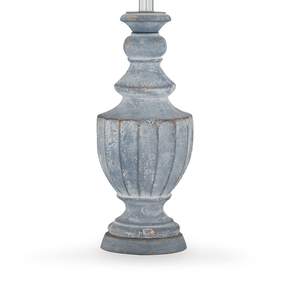 Benjara Rick 32 Inch Table Lamp, White Empire Fabric Shade, Turned Blue Terracotta