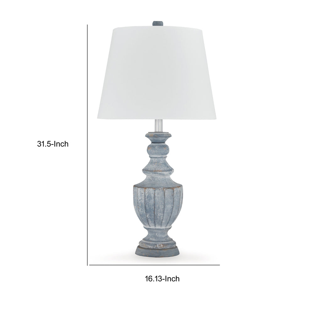 Benjara Rick 32 Inch Table Lamp, White Empire Fabric Shade, Turned Blue Terracotta