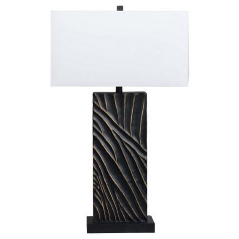 Benjara Len Table Lamp, White Rectangular Shade, Unique Lined Design Black Pedestal