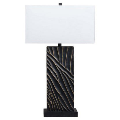 Benjara Len Table Lamp, White Rectangular Shade, Unique Lined Design Black Pedestal