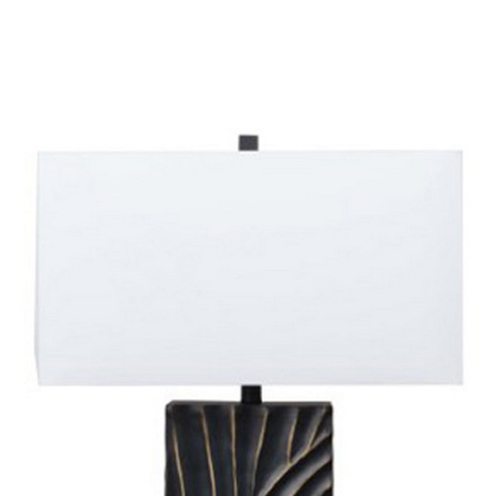Benjara Len Table Lamp, White Rectangular Shade, Unique Lined Design Black Pedestal