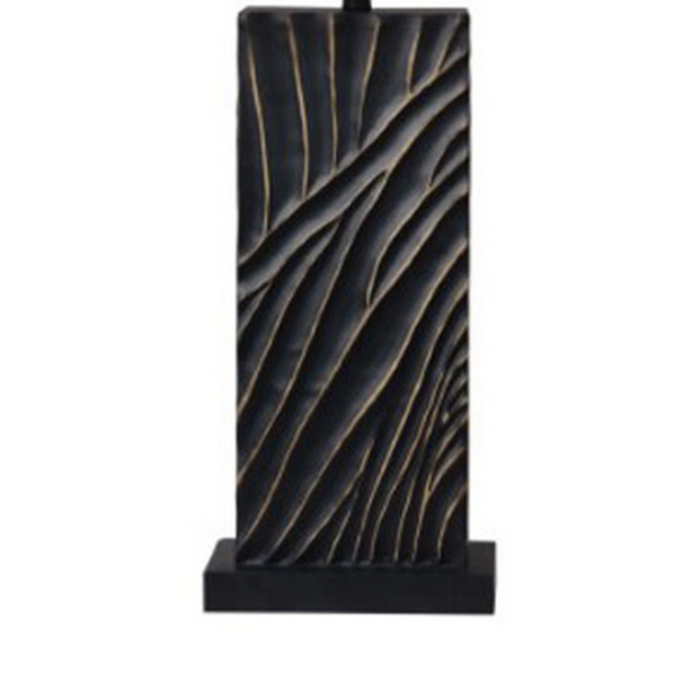 Benjara Len Table Lamp, White Rectangular Shade, Unique Lined Design Black Pedestal