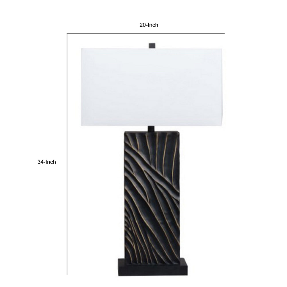 Benjara Len Table Lamp, White Rectangular Shade, Unique Lined Design Black Pedestal