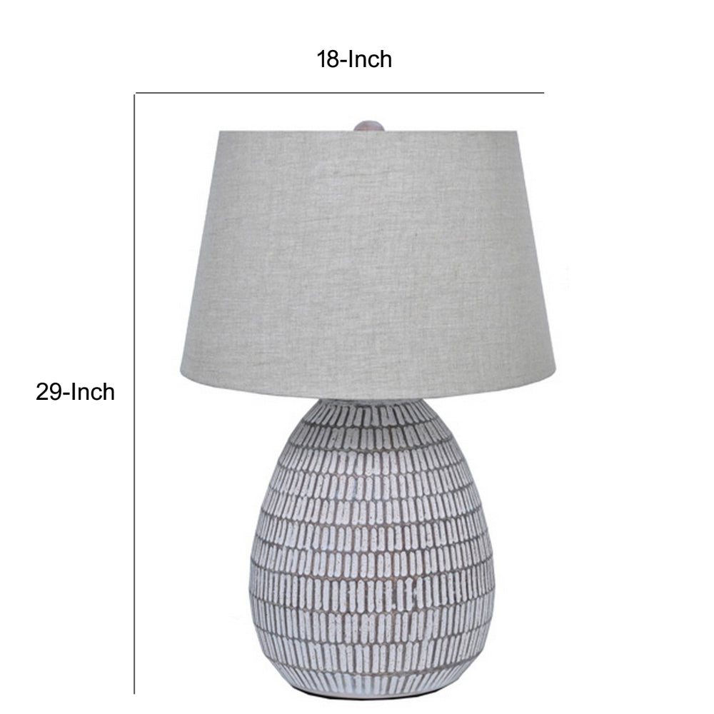 Benjara Gyen 29 Inch Table Lamp, Antique White Pattern Pot Base, Beige Empire Shade