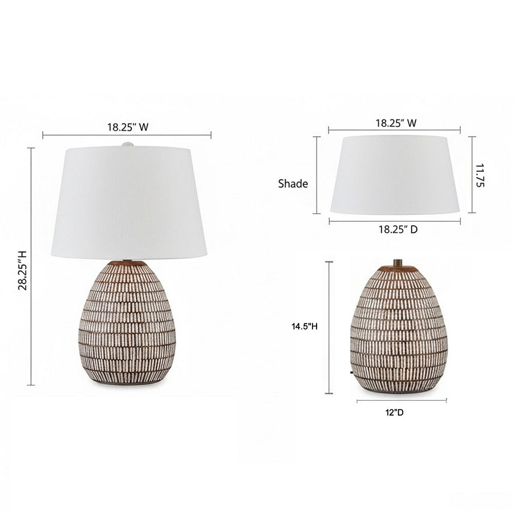 Benjara Gyen 29 Inch Table Lamp, Antique White Pattern Pot Base, Beige Empire Shade