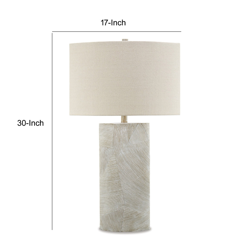 Benjara Bard 30 Inch Table Lamp, Accent Cylindrical Base, Ivory Oval Fabric Shade
