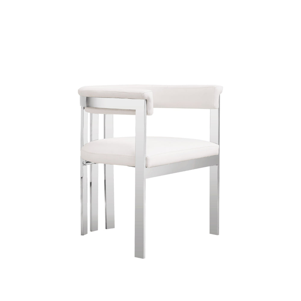 Benjara Cid Tayc 25 Inch Dining Chair, White Faux Leather, Stainless Steel Frame
