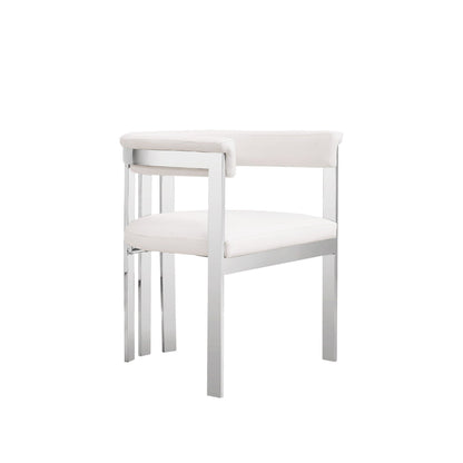 Benjara Cid Tayc 25 Inch Dining Chair, White Faux Leather, Stainless Steel Frame
