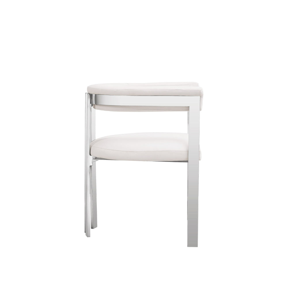 Benjara Cid Tayc 25 Inch Dining Chair, White Faux Leather, Stainless Steel Frame