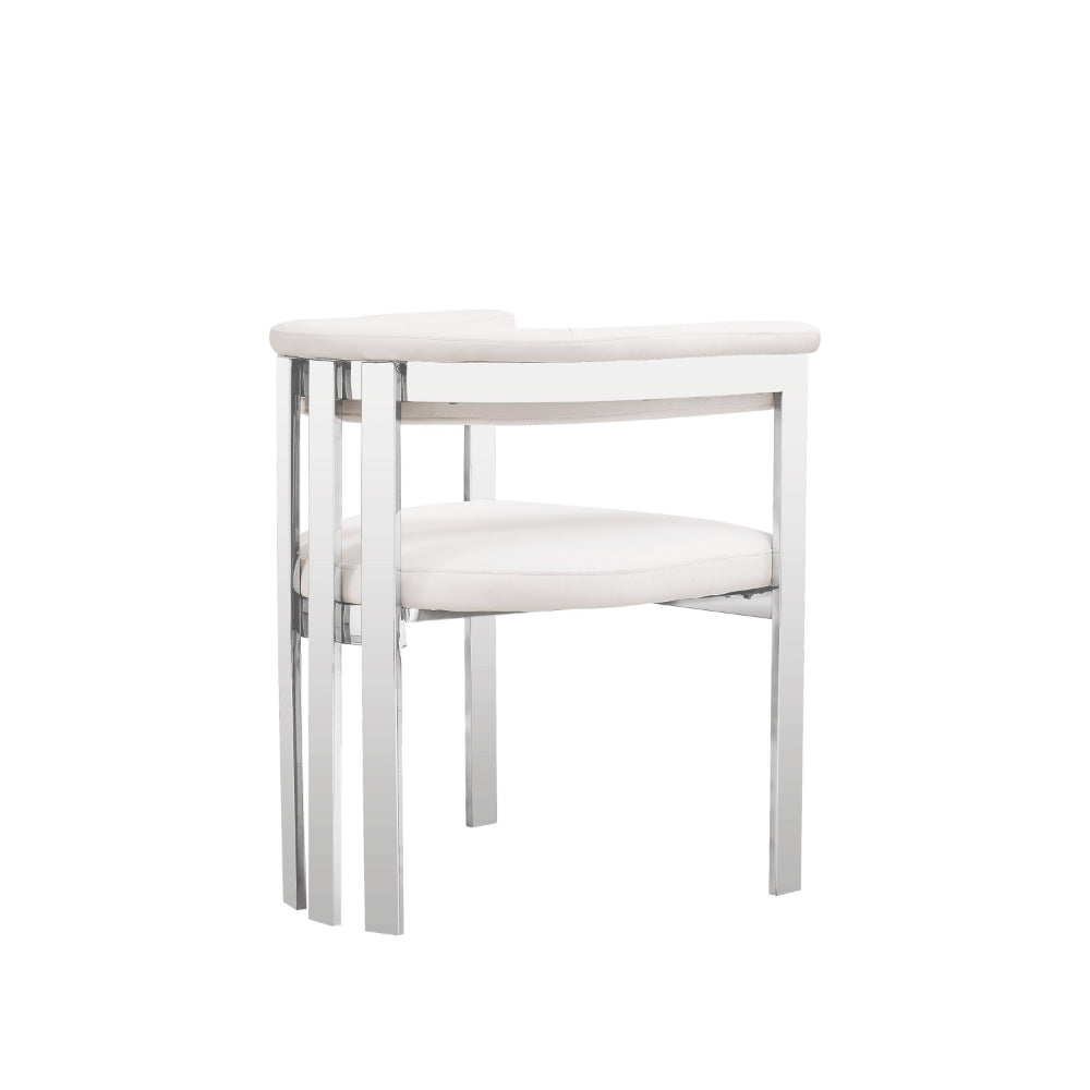 Benjara Cid Tayc 25 Inch Dining Chair, White Faux Leather, Stainless Steel Frame