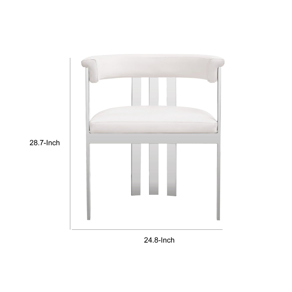 Benjara Cid Tayc 25 Inch Dining Chair, White Faux Leather, Stainless Steel Frame