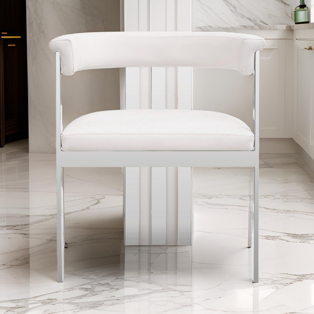 Benjara Cid Tayc 25 Inch Dining Chair, White Faux Leather, Stainless Steel Frame