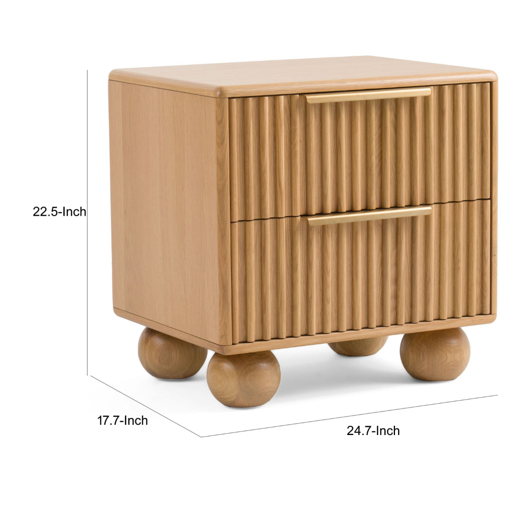 Benjara Cid Joya 25 Inch Nightstand, 2 Drawers, Natural Brown Solid Oak Wood