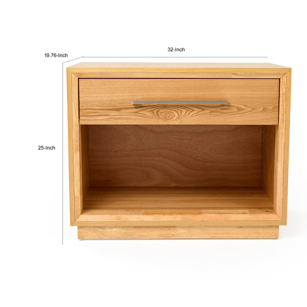 Benjara Noe Malia 32 Inch Nightstand, 1 Drawer, 1 Shelf, Natural Brown Solid Wood