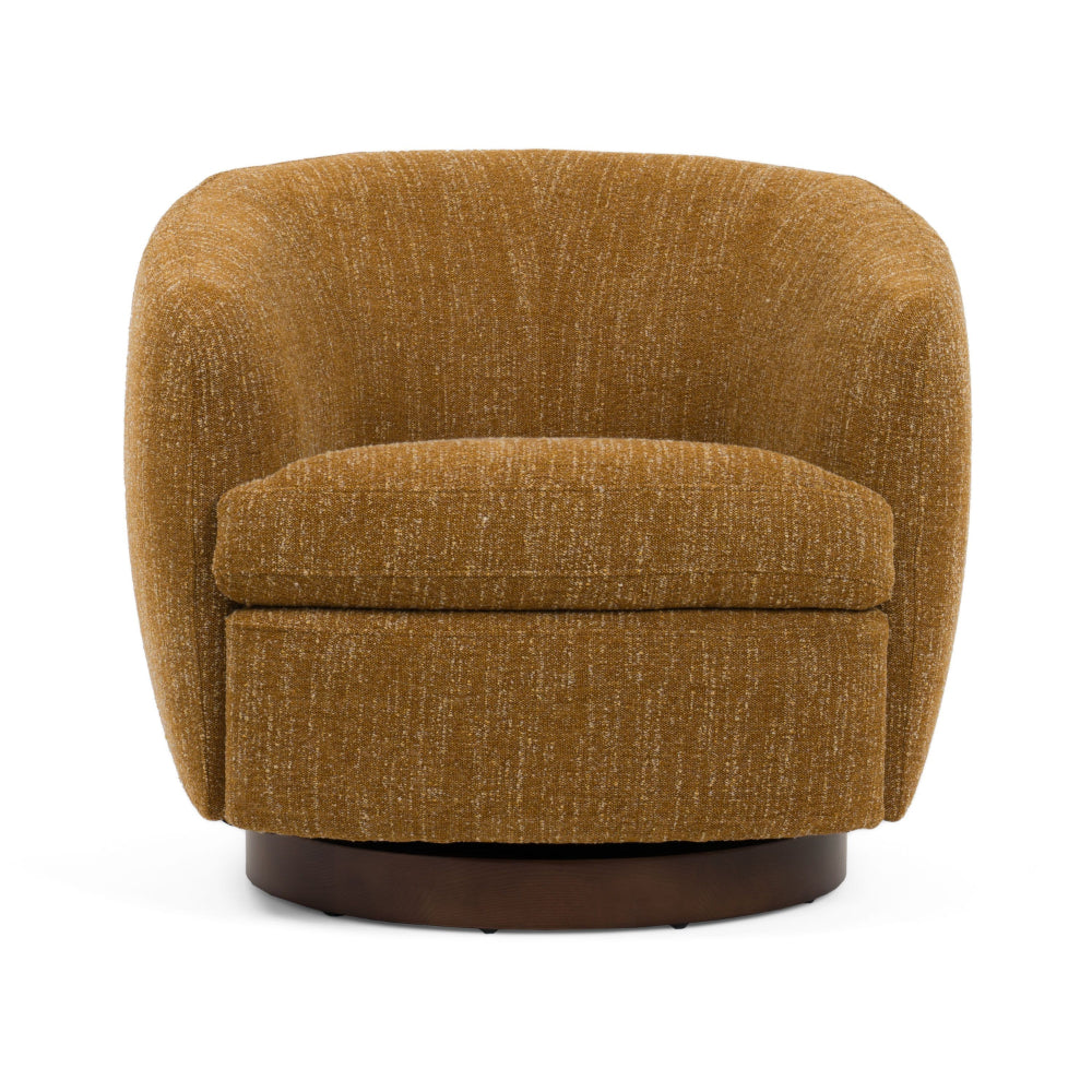 Benjara Reno Windy 34 Inch Swivel Accent Chair, Yellow Polyester, Wood Base