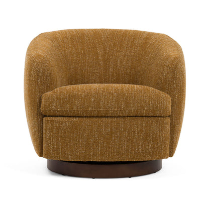 Benjara Reno Windy 34 Inch Swivel Accent Chair, Yellow Polyester, Wood Base