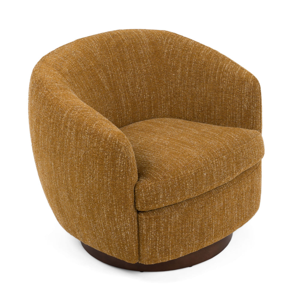 Benjara Reno Windy 34 Inch Swivel Accent Chair, Yellow Polyester, Wood Base
