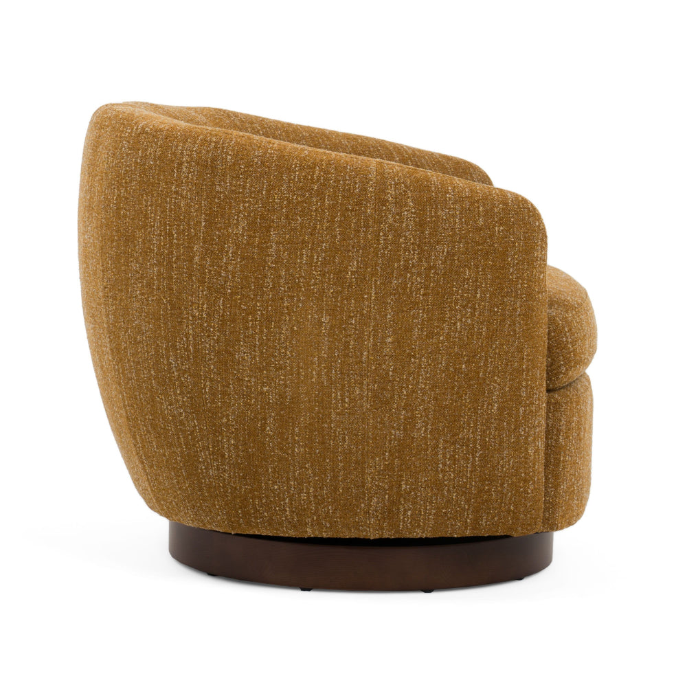 Benjara Reno Windy 34 Inch Swivel Accent Chair, Yellow Polyester, Wood Base