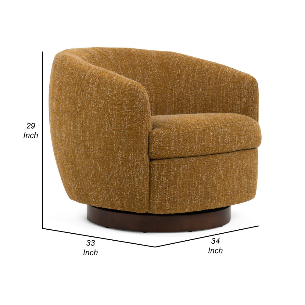 Benjara Reno Windy 34 Inch Swivel Accent Chair, Yellow Polyester, Wood Base