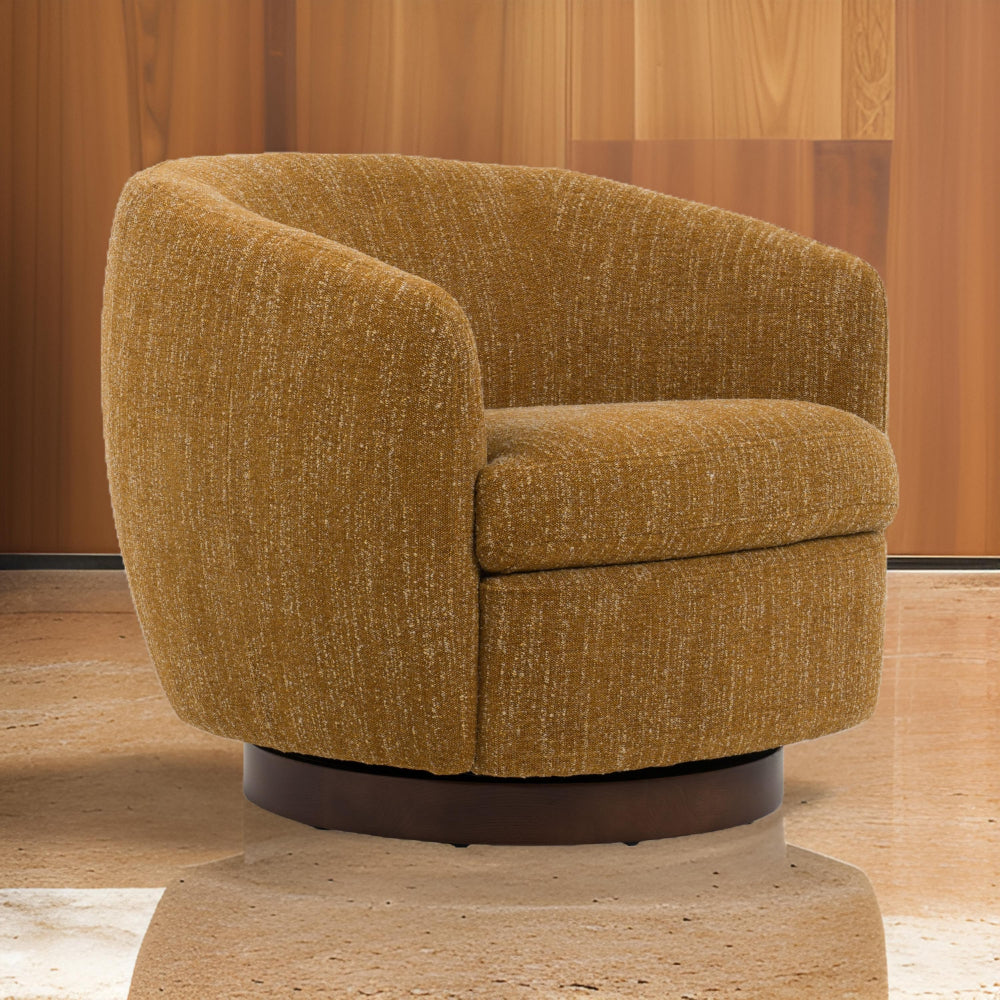 Benjara Reno Windy 34 Inch Swivel Accent Chair, Yellow Polyester, Wood Base