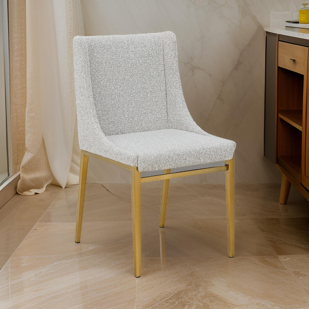 Benjara Cid Kinn 19 Inch Dining Chair Set of 2, Light Gray Polyester, Brass Steel