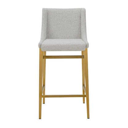 Benjara Cid Kinn Counter Stool Chair Set of 2, Light Gray Polyester, Brass Steel