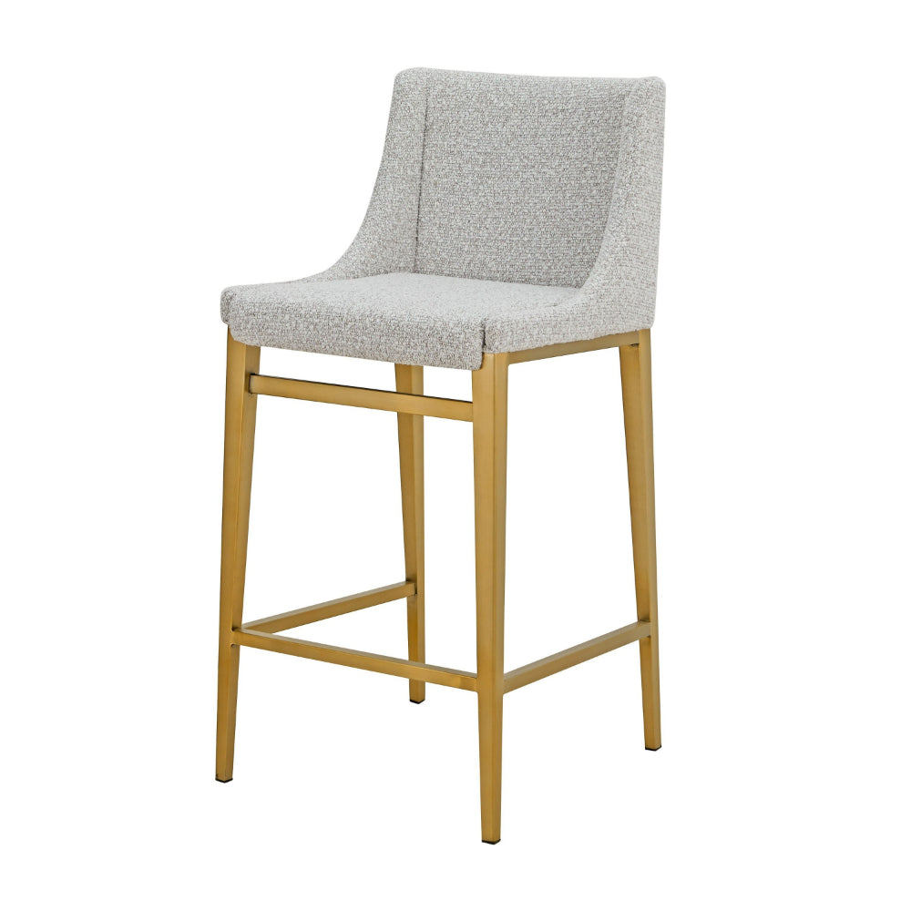 Benjara Cid Kinn Counter Stool Chair Set of 2, Light Gray Polyester, Brass Steel