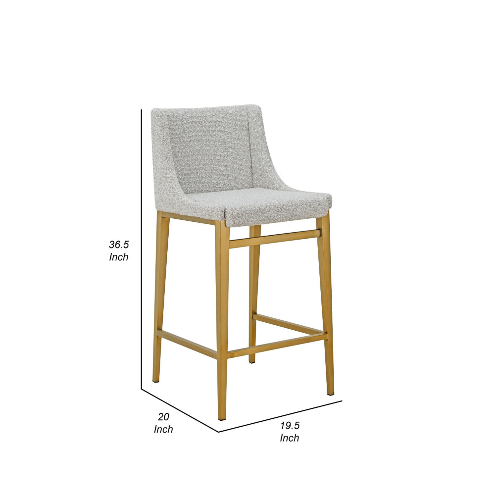 Benjara Cid Kinn Counter Stool Chair Set of 2, Light Gray Polyester, Brass Steel