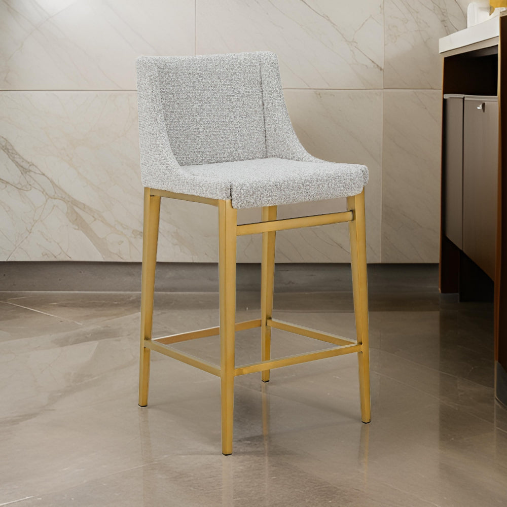 Benjara Cid Kinn Counter Stool Chair Set of 2, Light Gray Polyester, Brass Steel