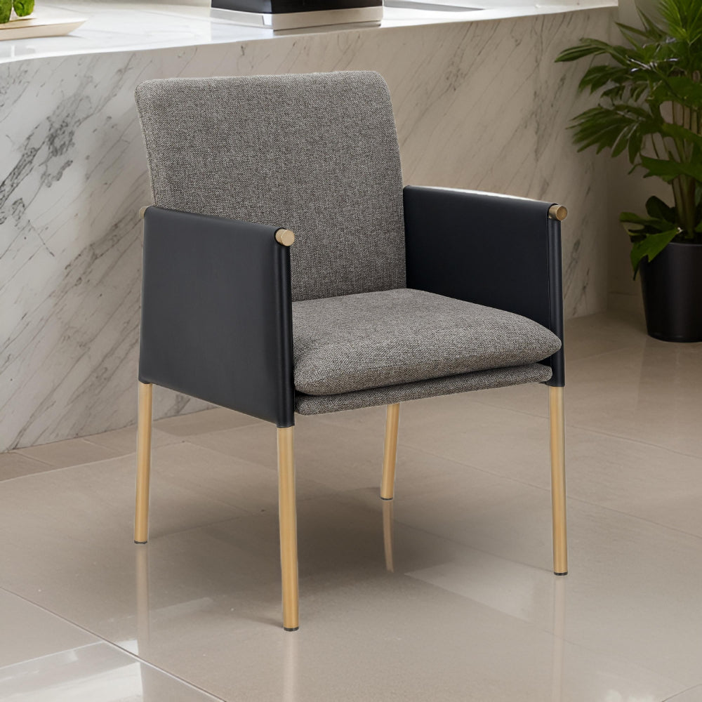 Benjara Cid Dorie 22 Inch Dining Chair, Dark Gray Faux Leather, Brass Steel Legs