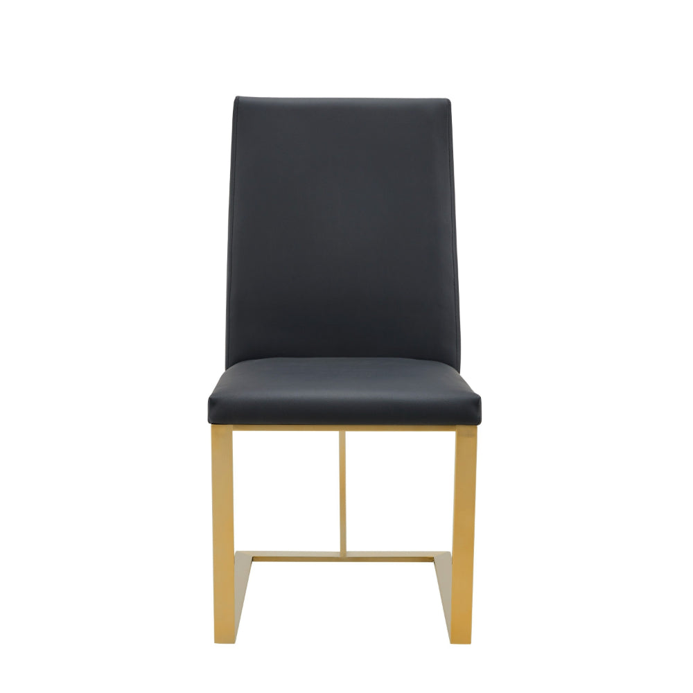 Benjara Cid Anki 19 Inch Dining Chair, Dark Gray Faux Leather, Brass Steel Finish