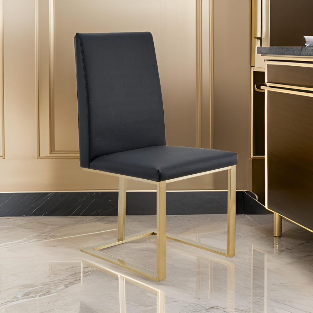 Benjara Cid Anki 19 Inch Dining Chair, Dark Gray Faux Leather, Brass Steel Finish