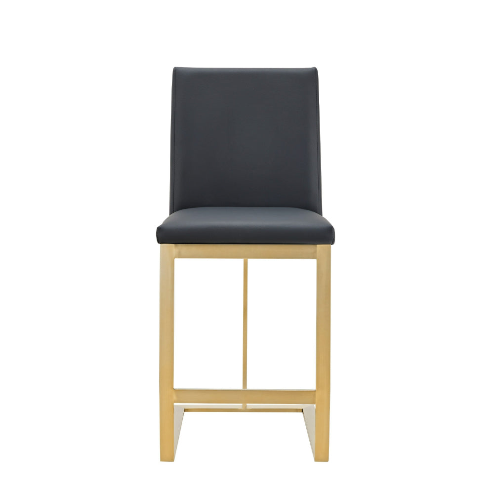 Benjara Cid Anki Counter Stool Chair, Dark Gray Faux Leather, Brass Stainless Steel