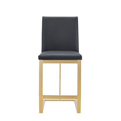 Benjara Cid Anki Counter Stool Chair, Dark Gray Faux Leather, Brass Stainless Steel