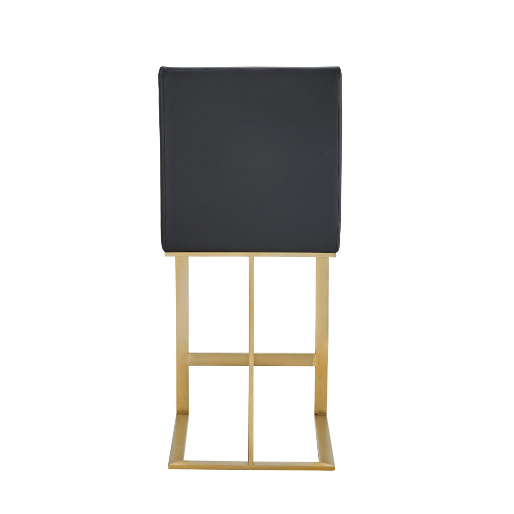 Benjara Cid Anki Counter Stool Chair, Dark Gray Faux Leather, Brass Stainless Steel