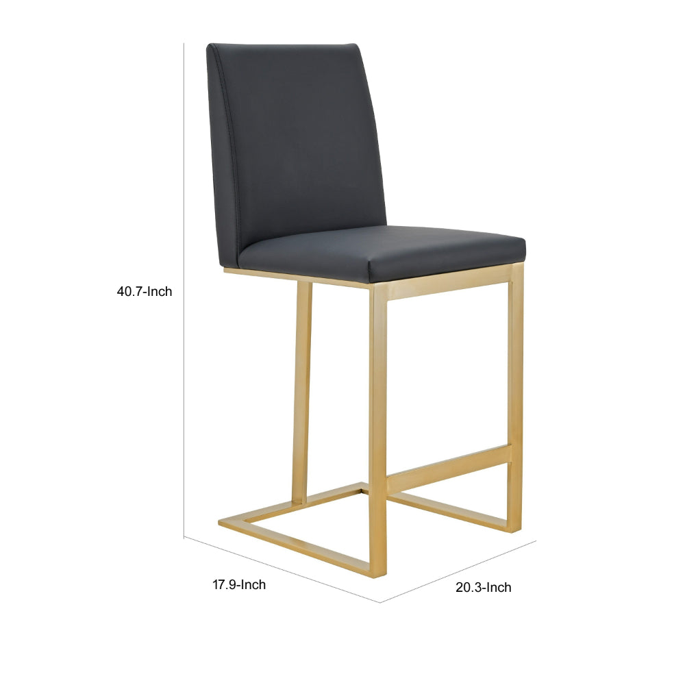 Benjara Cid Anki Counter Stool Chair, Dark Gray Faux Leather, Brass Stainless Steel