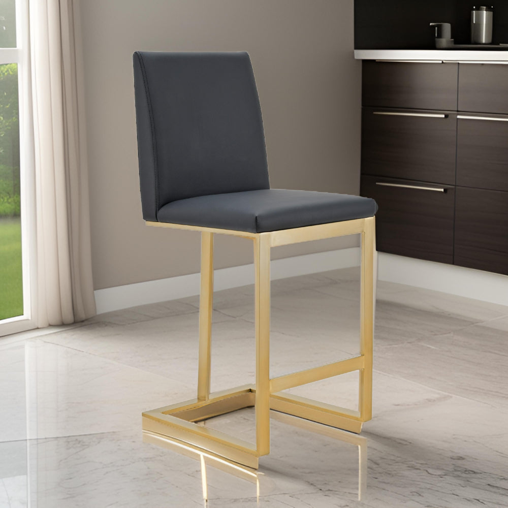 Benjara Cid Anki Counter Stool Chair, Dark Gray Faux Leather, Brass Stainless Steel