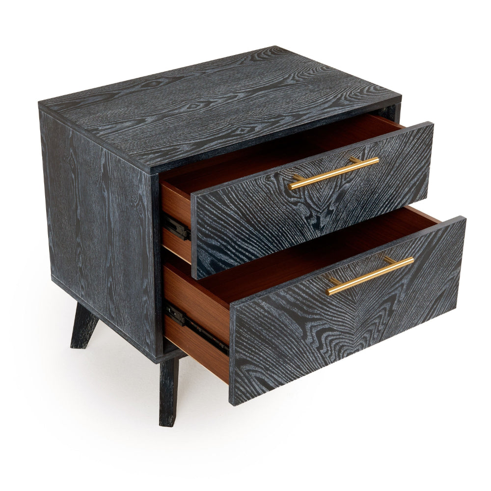Benjara Cid Coy 23 Inch Nightstand, 2 Drawers with Gold Metal Handles, Ash Gray