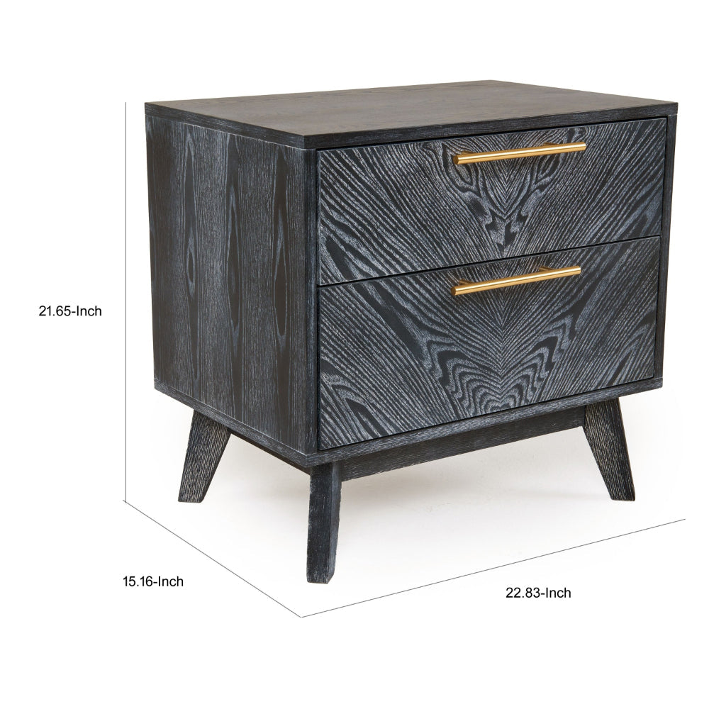 Benjara Cid Coy 23 Inch Nightstand, 2 Drawers with Gold Metal Handles, Ash Gray