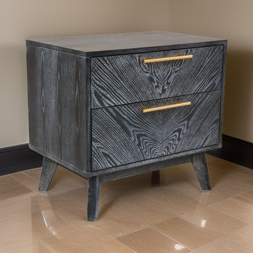 Benjara Cid Coy 23 Inch Nightstand, 2 Drawers with Gold Metal Handles, Ash Gray
