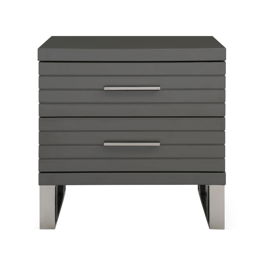 Benjara 28 Inch Nightstand, 2 Drawers with Metal Handles, Slatted Design, Gray