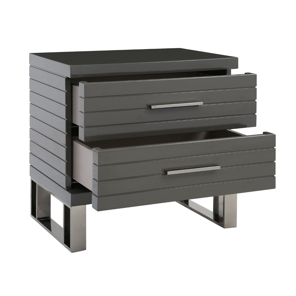 Benjara 28 Inch Nightstand, 2 Drawers with Metal Handles, Slatted Design, Gray