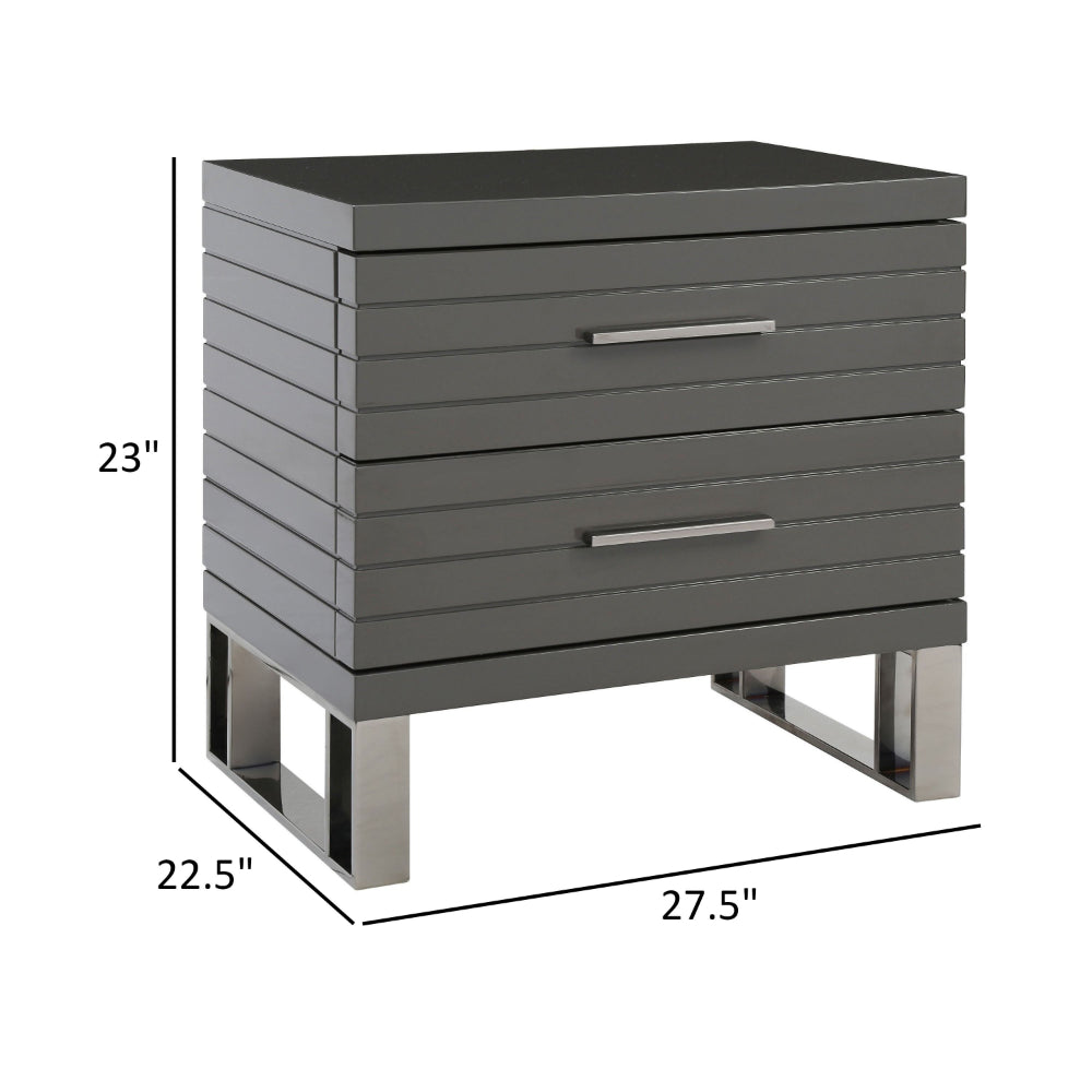 Benjara 28 Inch Nightstand, 2 Drawers with Metal Handles, Slatted Design, Gray