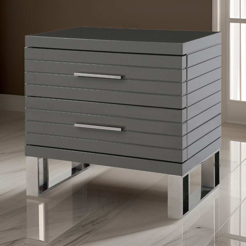 Benjara 28 Inch Nightstand, 2 Drawers with Metal Handles, Slatted Design, Gray