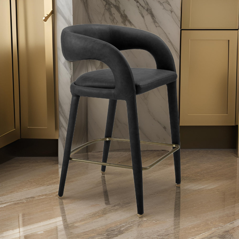 Benjara Cid Taya 26 Inch Counter Stool Chair, Curved Open Back, Black Faux Leather