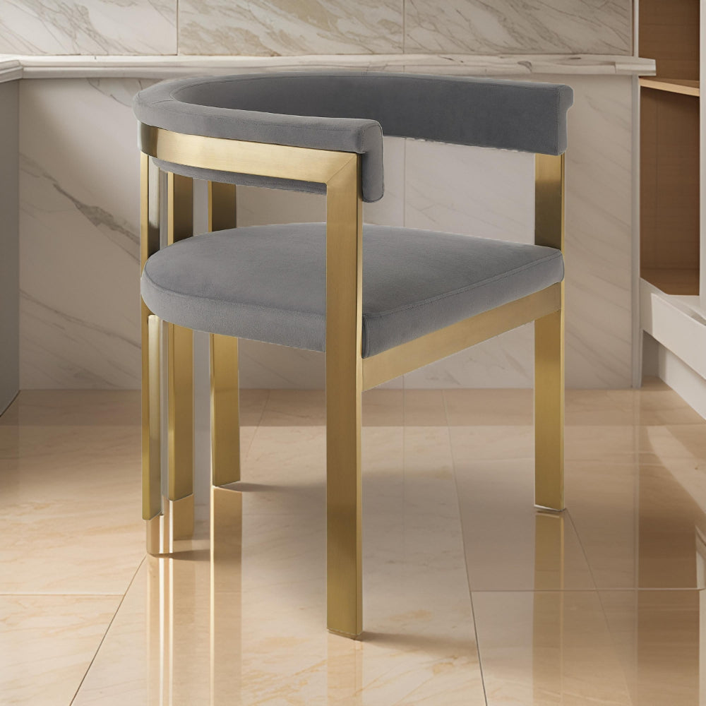 Benjara Cid Tayc 25 Inch Dining Chair, Contemporary Art Gray Velvet, Gold Steel