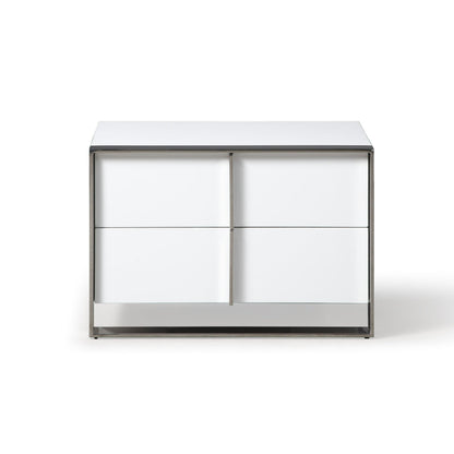 Benjara 28 Inch Nightstand, High Gloss White, 2 Drawers, Sleek Chrome Handles